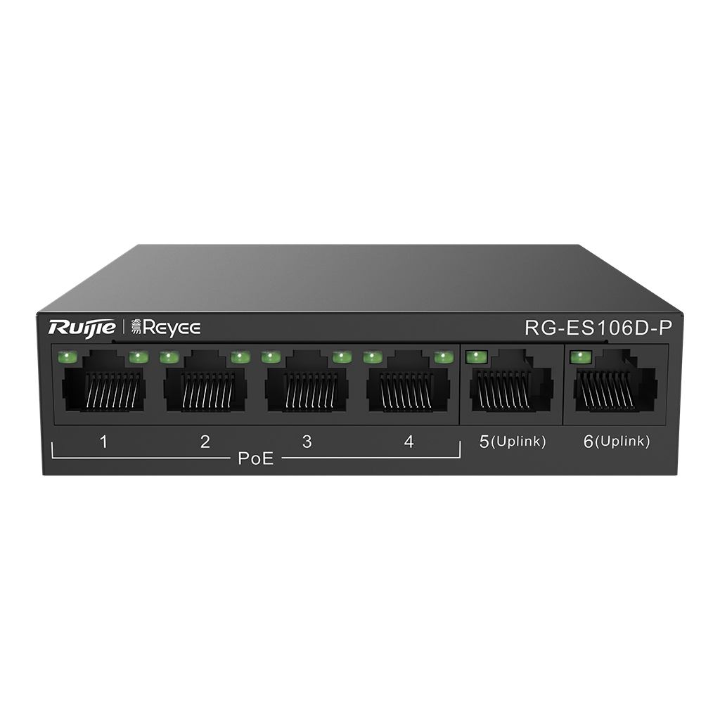 398884B0-09AB-6624-BEEA6897C5D00094_b Reyee RG-ES106D-P 6 Portlu, 10/100 Fast Ethernet, Tak Çalıştır Switch, 2 Fast Ethernet Uplink, 4 Port PoE+ (58W) - Görsel 1
