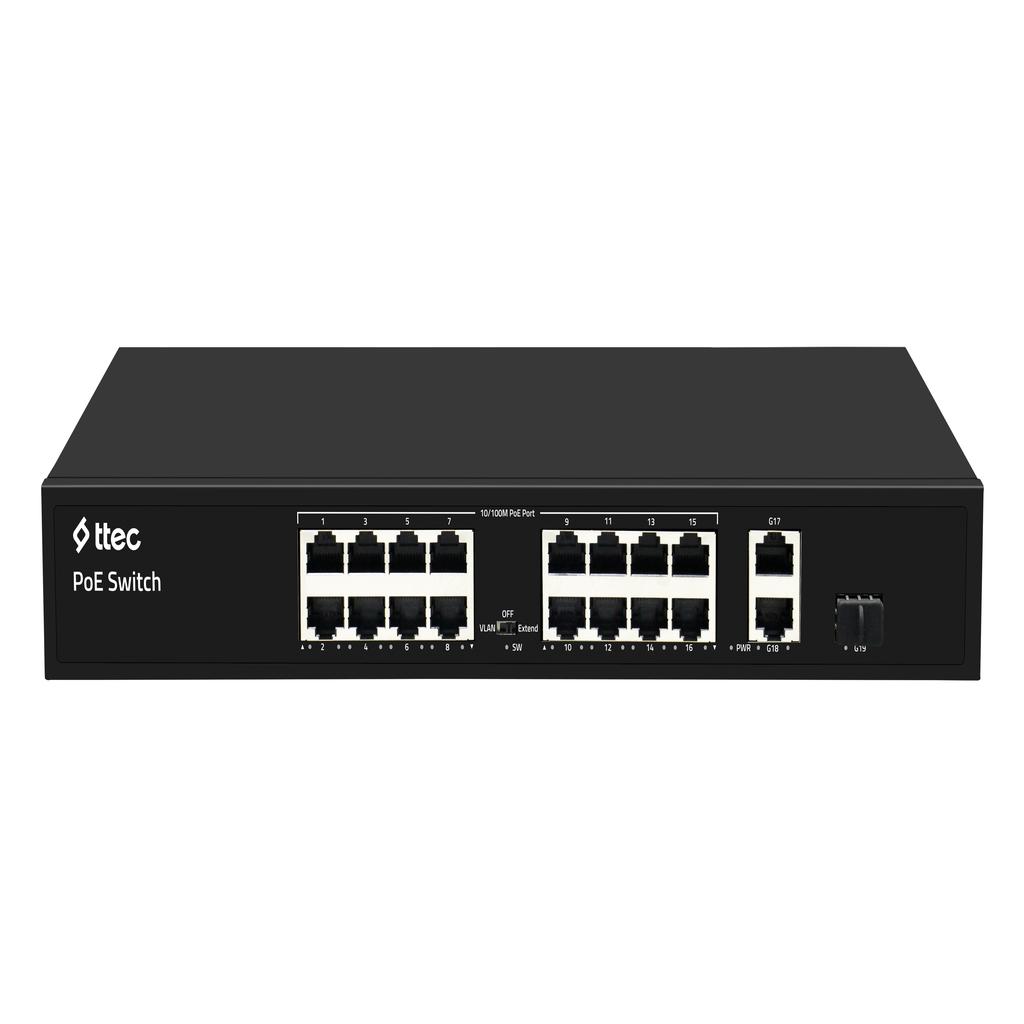 CB7B7665-9E1E-F93E-6417056C97EB7516_b ttec 19300PG-1SFP 16 Portlu, 10/100 Fast Ethernet, Tak Çalıştır Switch, 2 Gigabit Uplink, 1 SFP, 16 Port PoE+ (300W) (TSS) - Görsel 1
