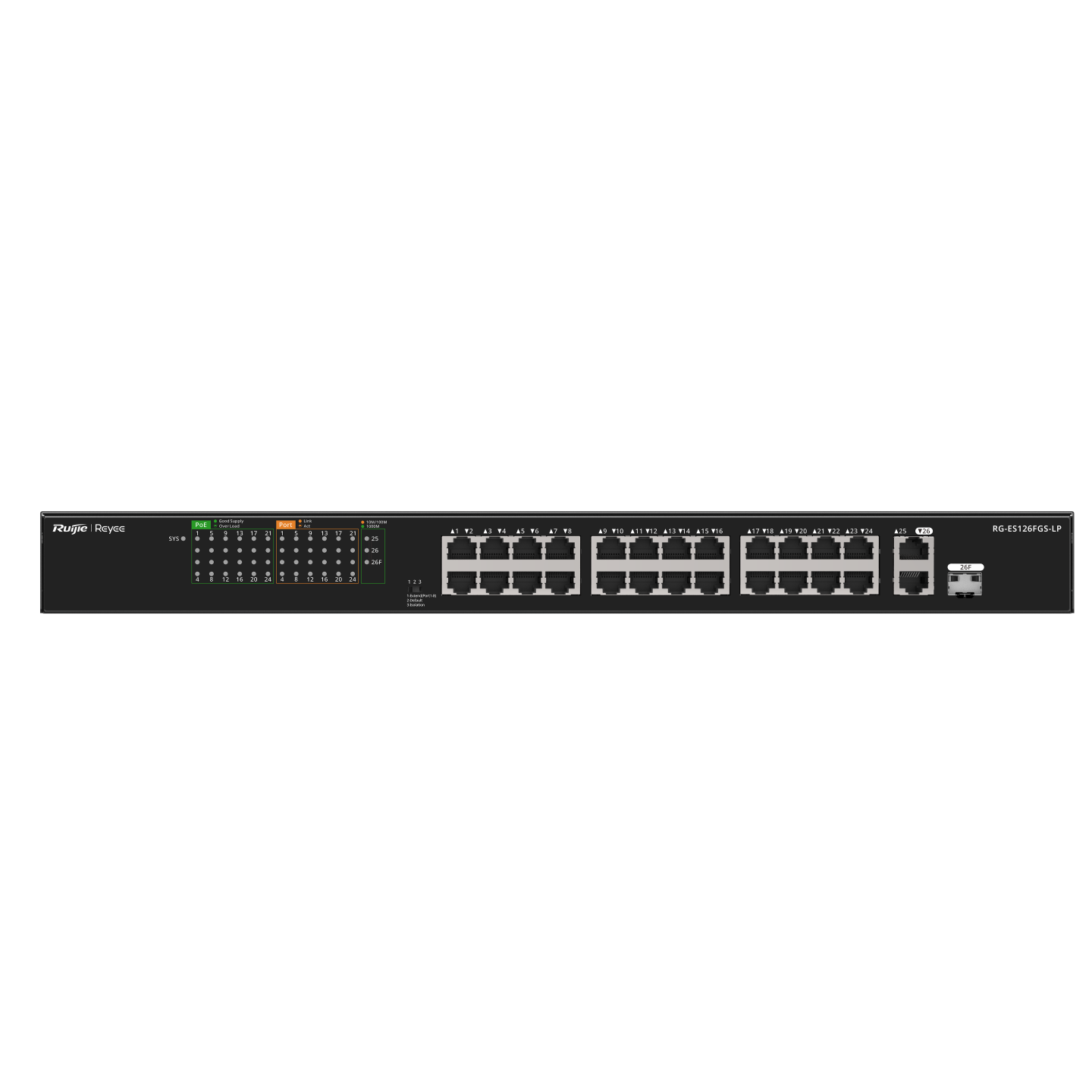 RG-ES126FGS-LP-1 Reyee RG-ES126FGS-LP 26 Portlu, 10/100 Fast Ethernet, Tak Çalıştır Switch, 2 Gigabit Uplink, 1 Gigabit Combo, 24 Port PoE+ (180W) - Görsel 1