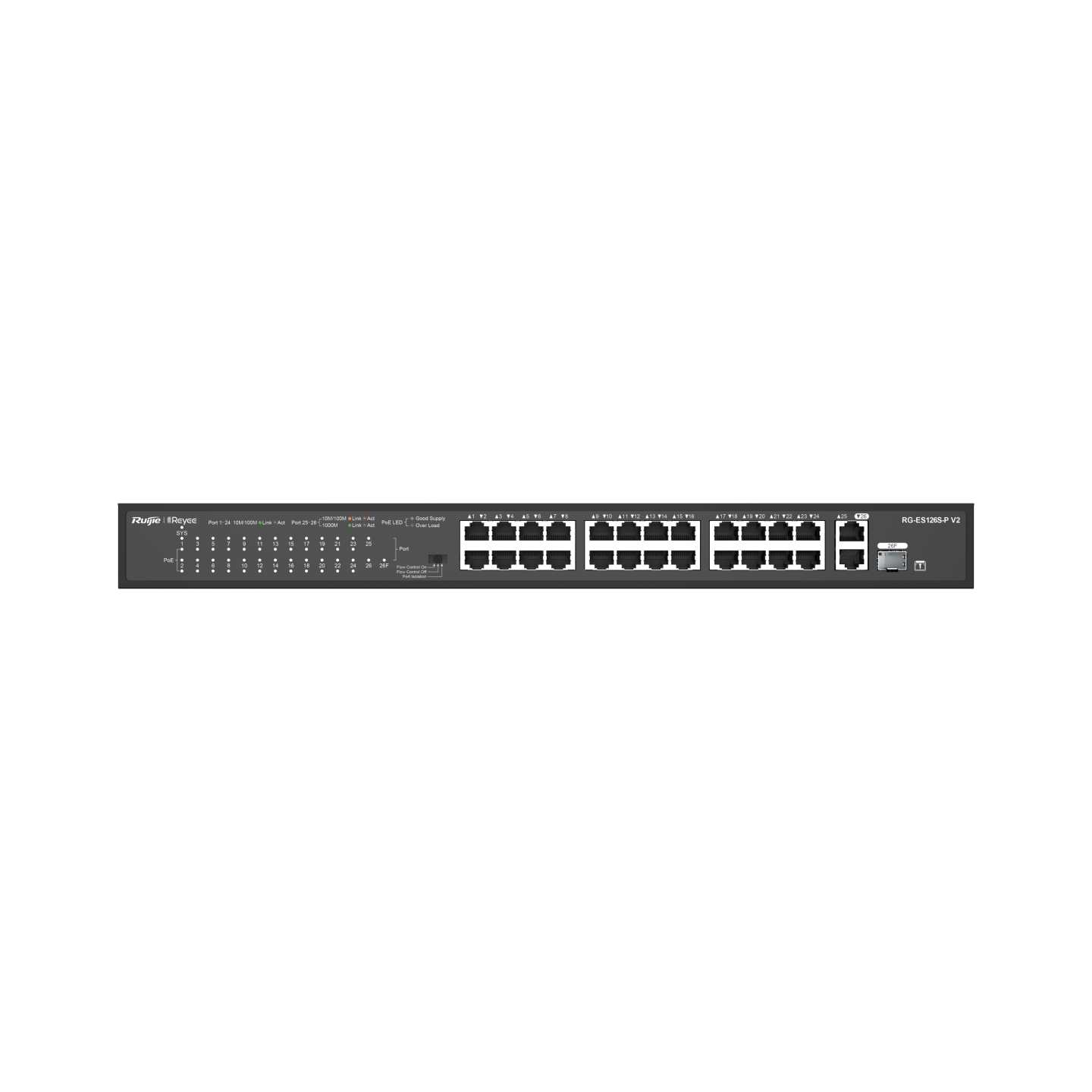 RG-ES126FGS-P-2 Reyee RG-ES126FGS-P 26 Portlu, 10/100 Fast Ethernet, Tak Çalıştır Switch, 2 Gigabit Uplink, 1 Gigabit Combo, 24 Port PoE+ (370W) - Görsel 1
